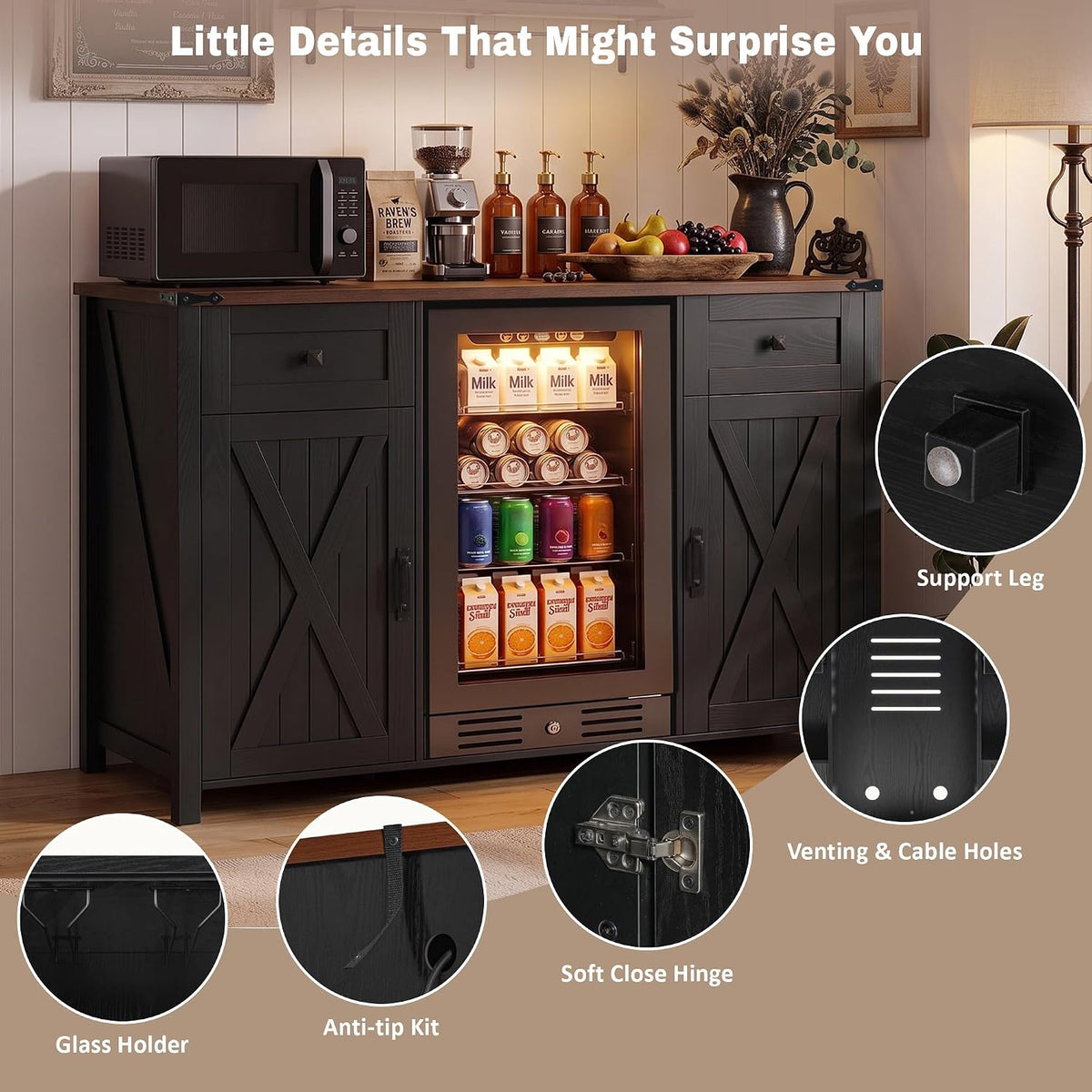 53.2" Farmhouse Fridge Cabinet, Coffee Bar Cabinet, Black