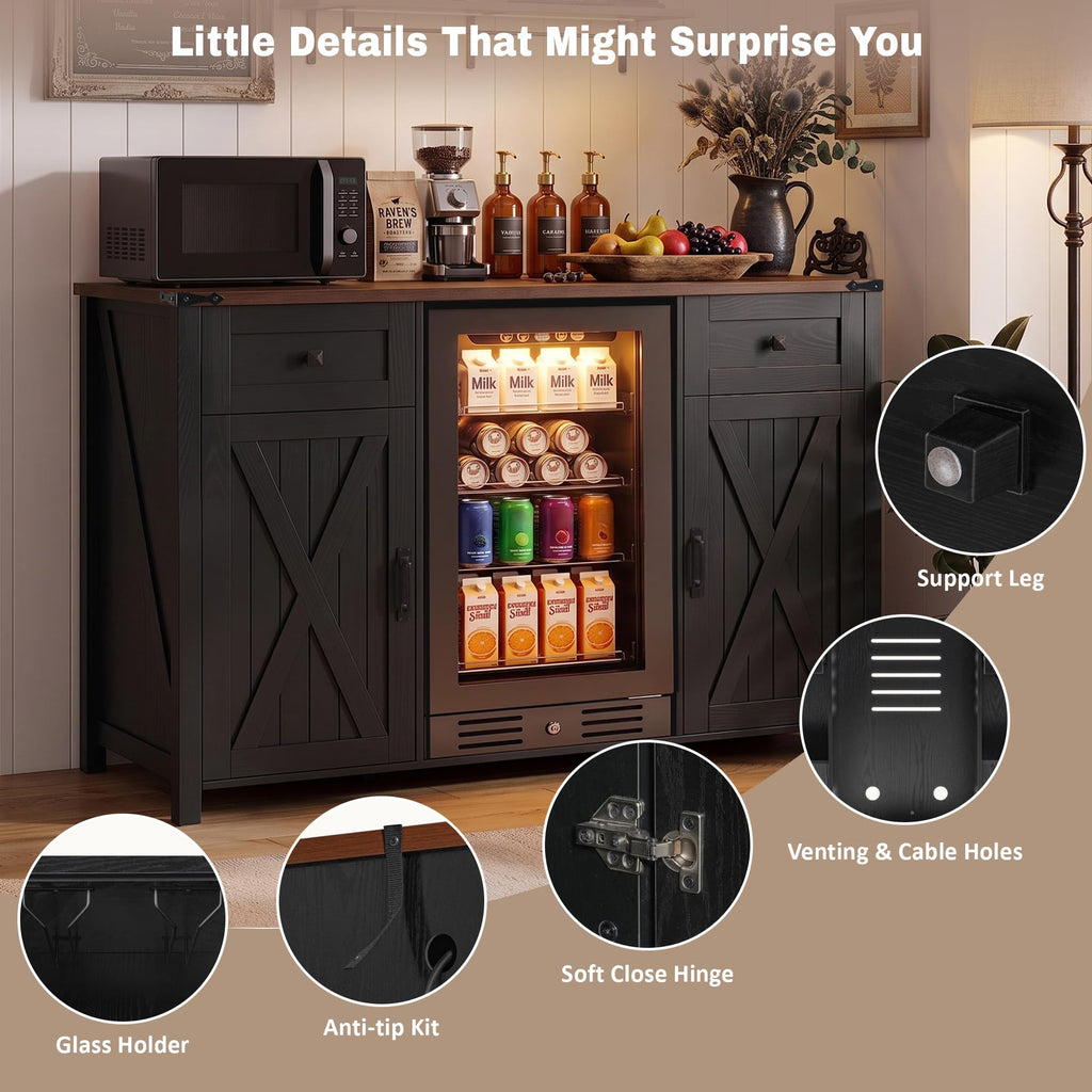 53.2" Farmhouse Fridge Cabinet, Coffee Bar Cabinet, Black