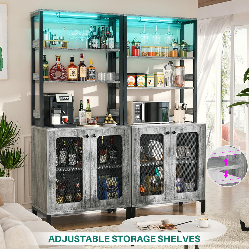 Aheaplus Bar Cabinet with Power Outlets,67" Tall Wine Bar Cabinet,Black Oak