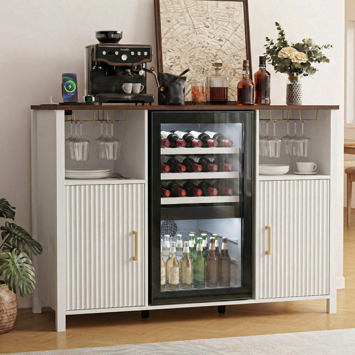 70" Large Coffee Bar Cabinet with Power Outlet, Mini Fridge Cabinet with Adjustable Shelf Wine Rack Glass Holder Liquor Wine Storage, Walnut Fluted Buffet Sideboard Table for Kitchen Dining Room