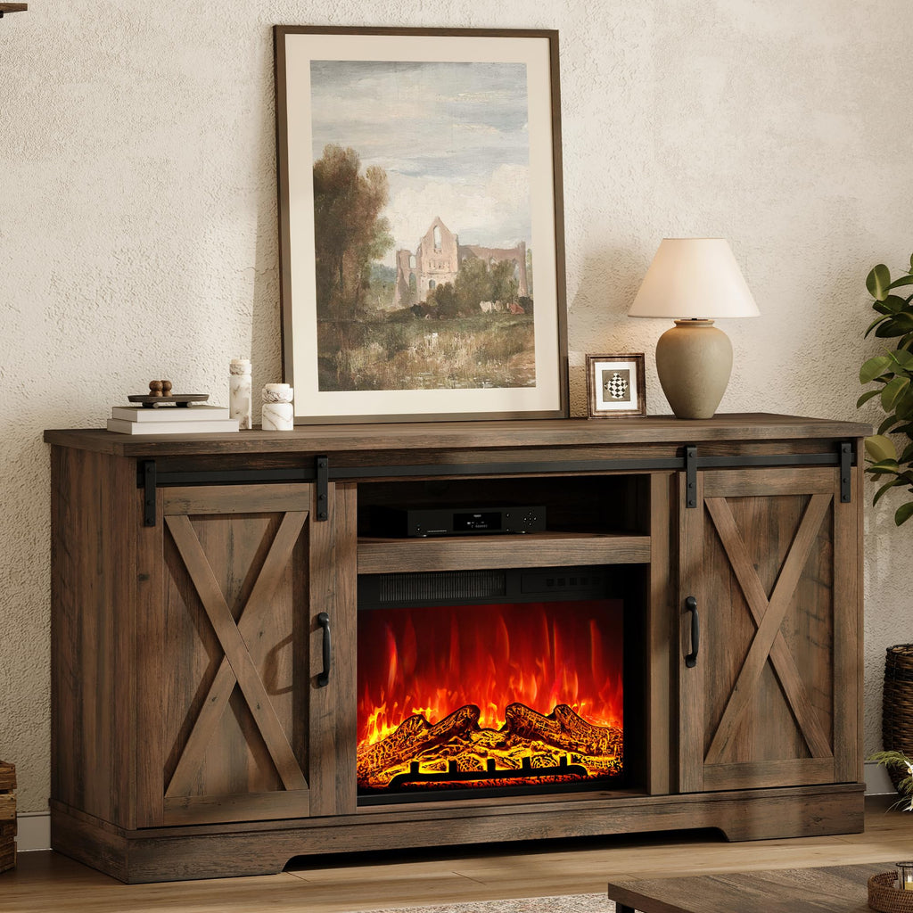AMERLIFE Fireplace TV Stand with Sliding Barn Door for TVs up to 75"