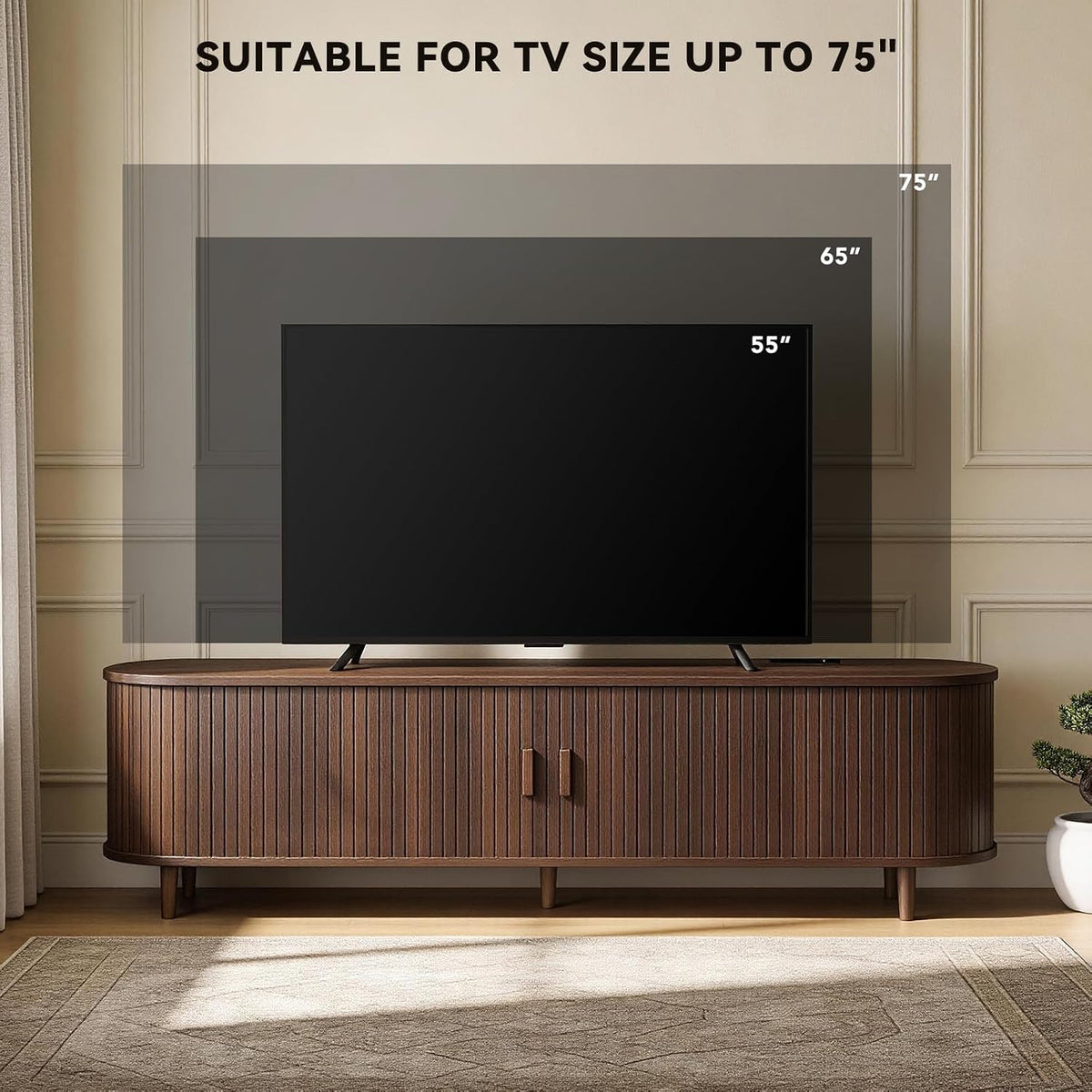 65" Mid Century Modern TV Stand with Power Outlet, Fluted Entertainment Center with Storage and Adjustable Shelves, Wood TV Console with Sliding Doors for Living Room, Walnut