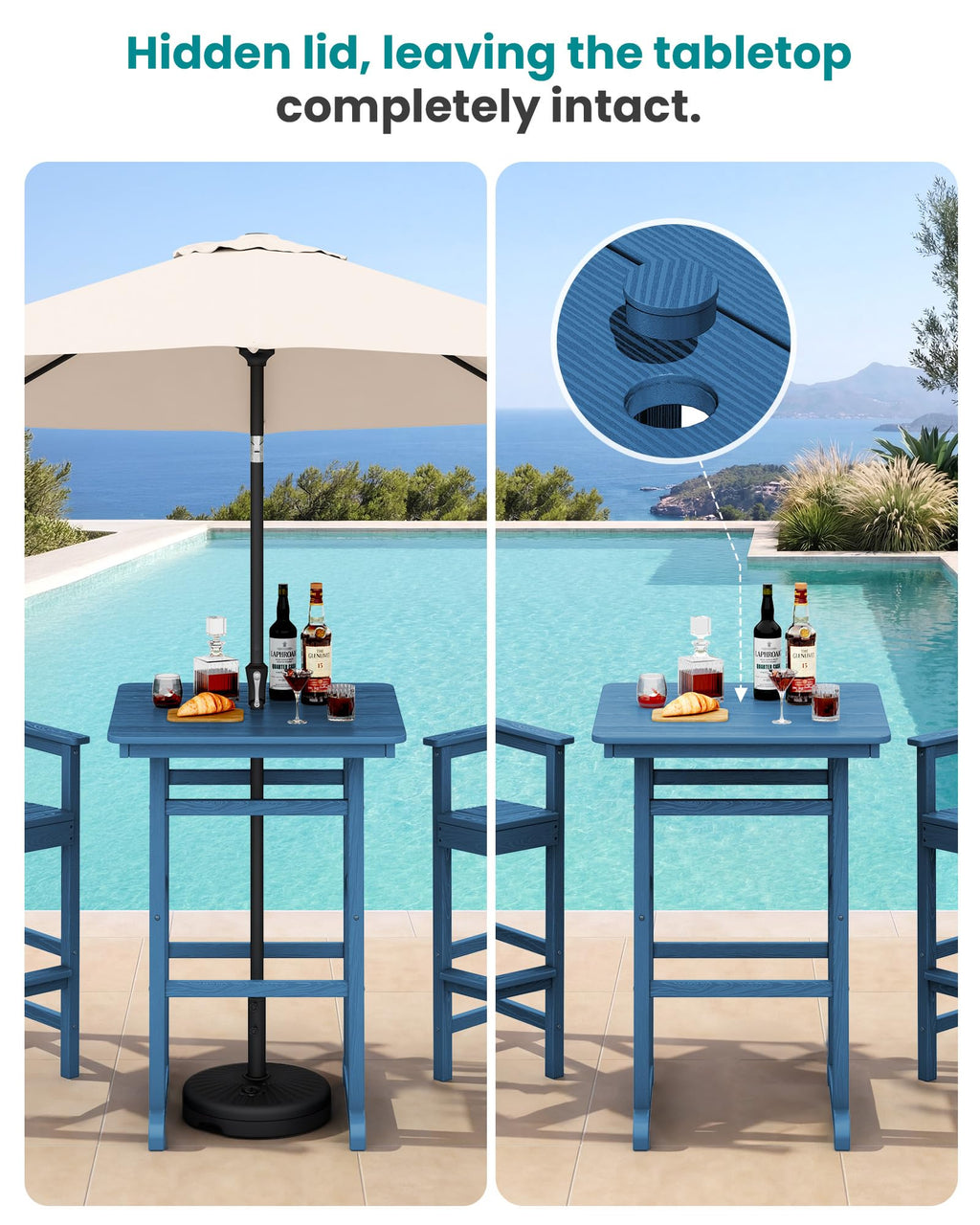 SERWALL 3 Pcs HDPE Bar Height Chairs and Double Layer Pub Table Set, Blue
