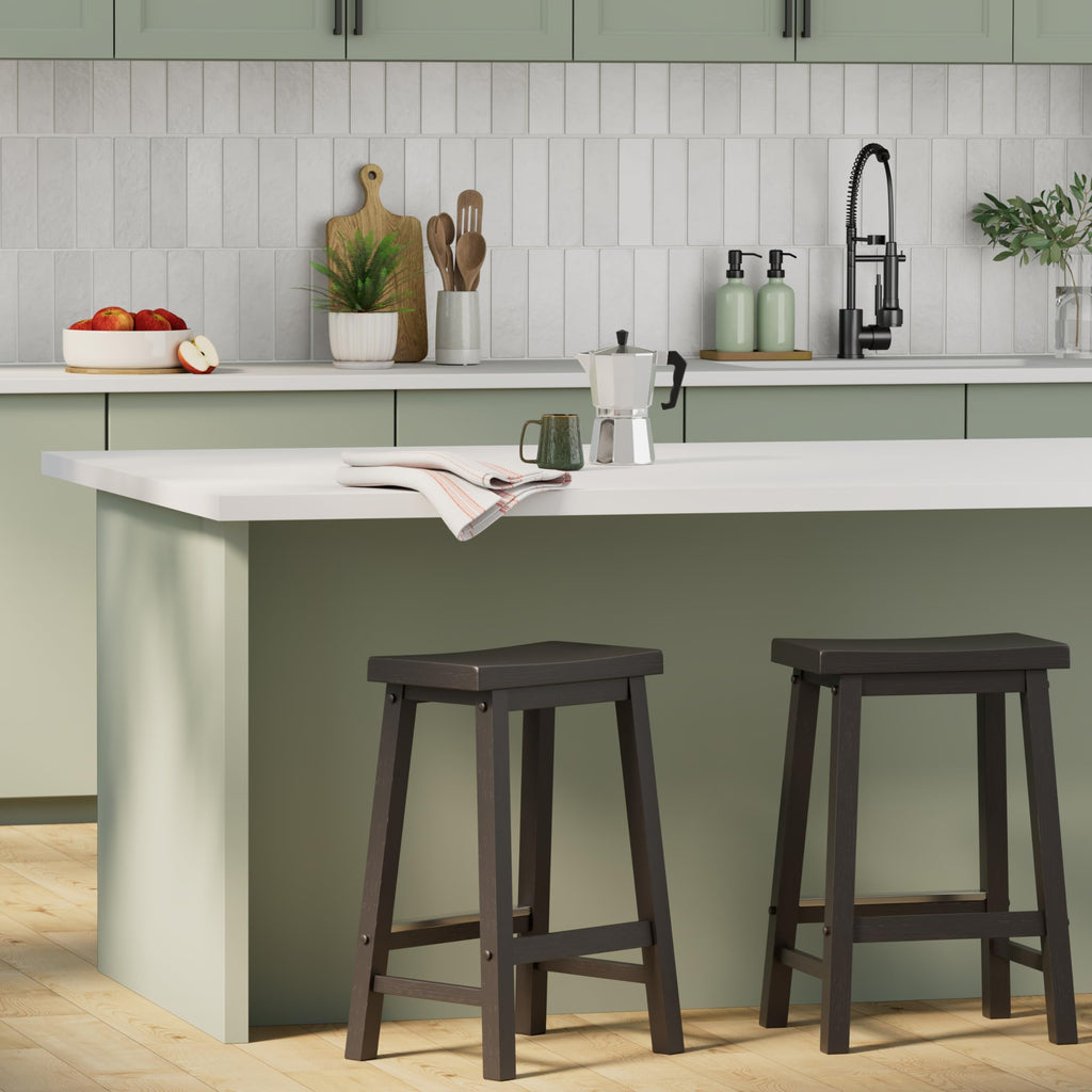 Amazon Basics Solid Wood Saddle-Seat Counter Height Bar Stools for Kitchen Island with Footrest, 24-Inch Height, Walnut, Set of 2