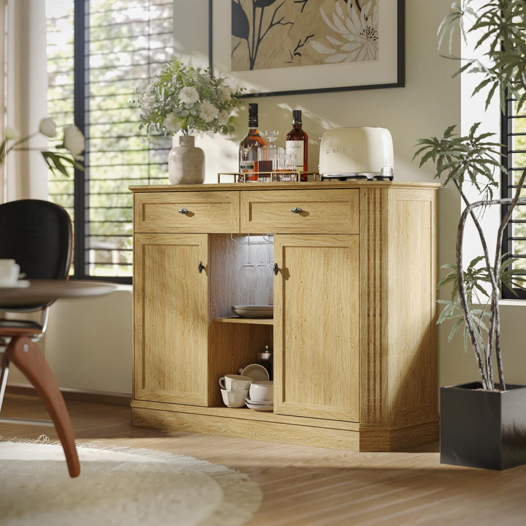 47" Wine Bar Cabinet with LED Light & Power Outlets, 2 Door Coffee Bar Cabinet with 2 Drawers, Sideboard Buffet Cabinet with Storage, Liquor Cabinet for Home Bar, Kitchen Living Room, Walnut Brown