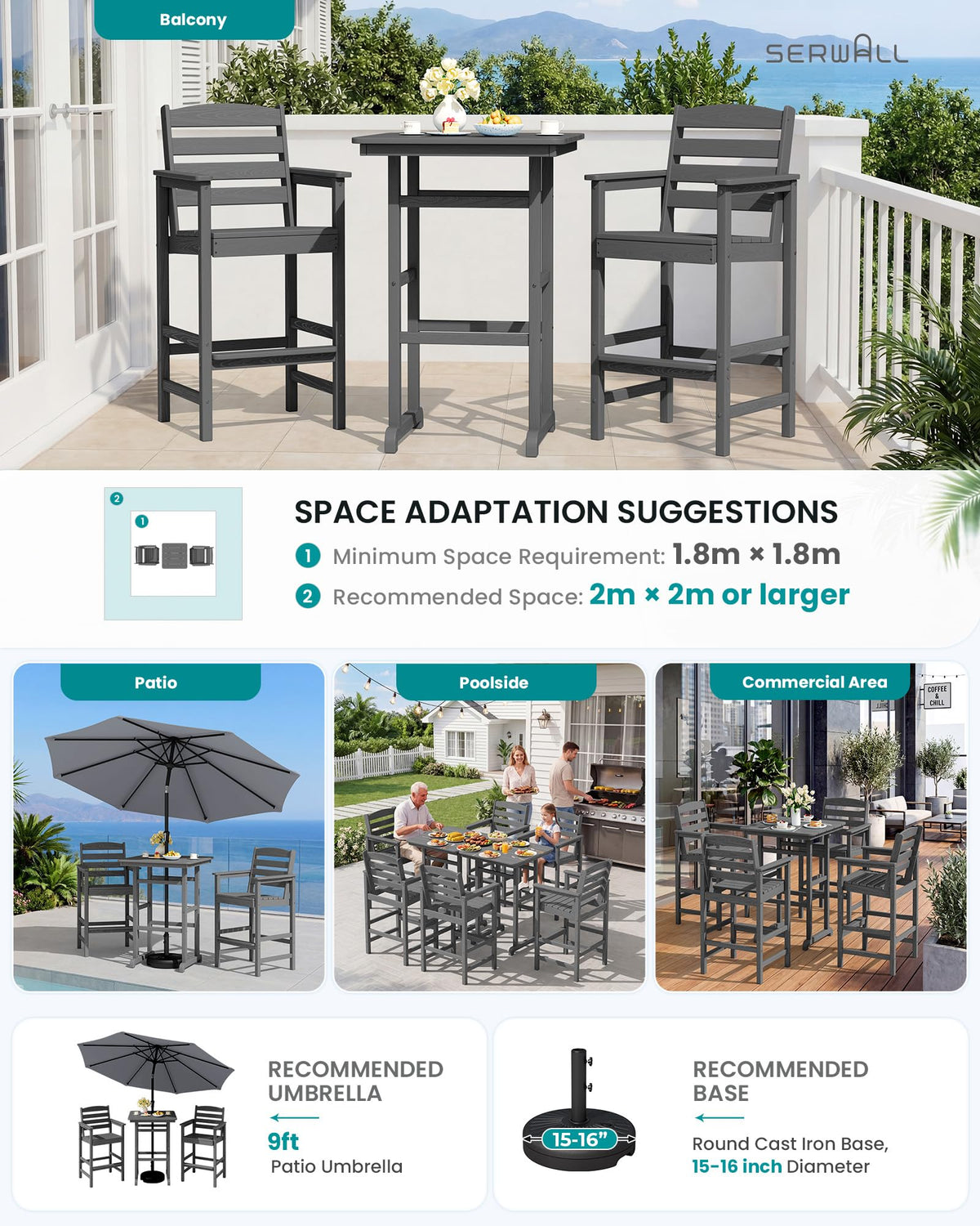 SERWALL 3 Pcs HDPE Bar Height Chairs and Double Layer Pub Table Set, Blue