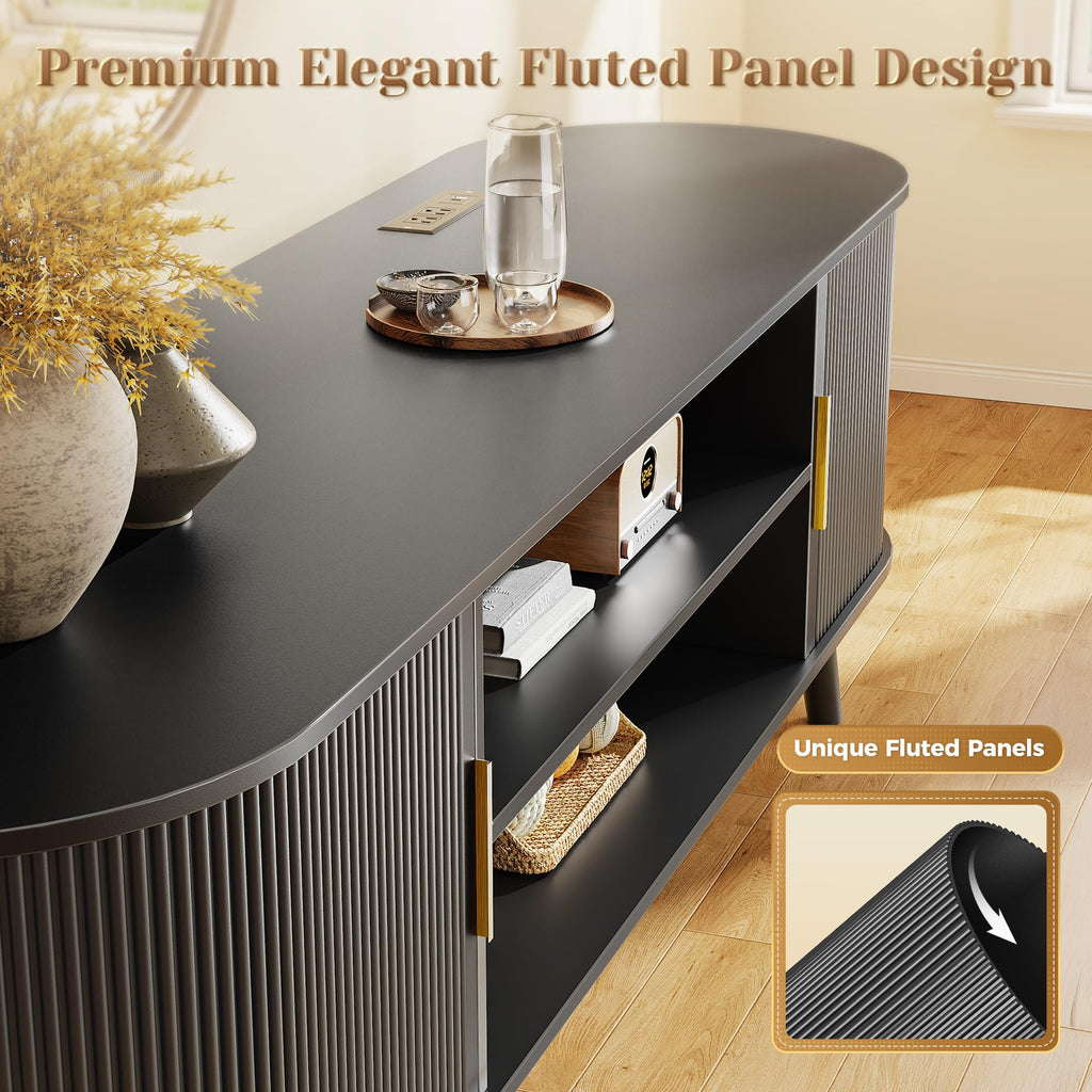 PRAISUN 54 Inch Fluted TV Stand for TVs up to 55 Inch, TV Media Console with Power Outlets and USB-C Port, Entertainment Center with Storage, Curved Sliding Doors, Adjustable Shelf, Brown