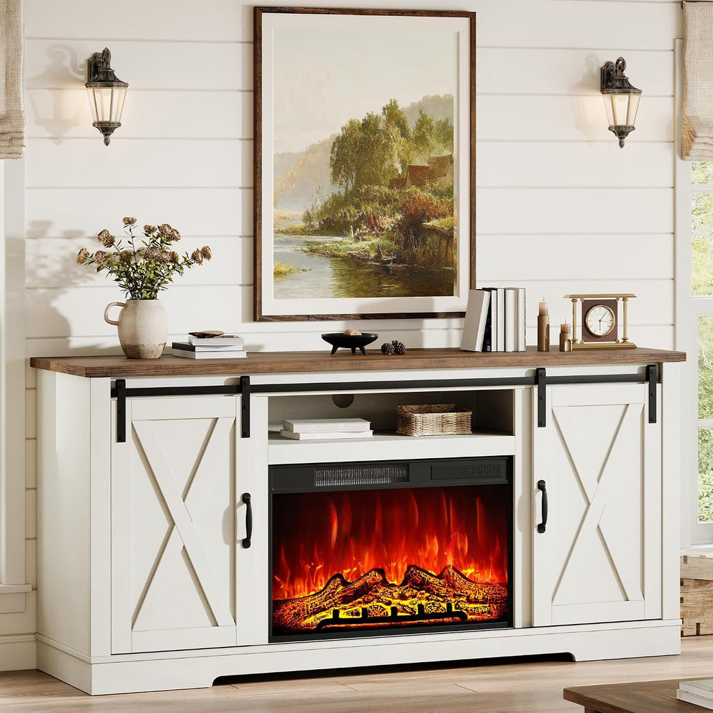 AMERLIFE Fireplace TV Stand with Sliding Barn Door for TVs up to 75"