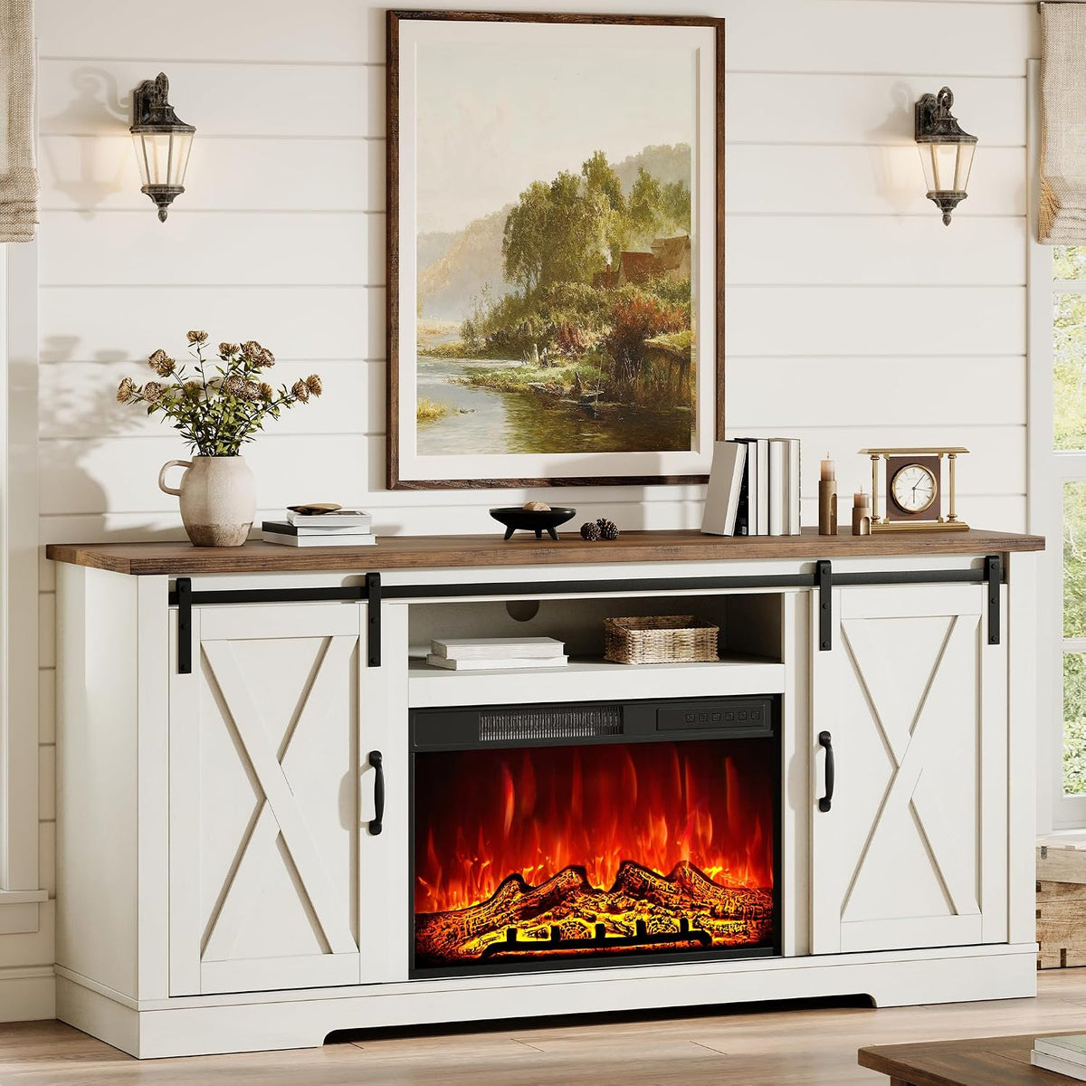 AMERLIFE Fireplace TV Stand with Sliding Barn Door for TVs up to 75"