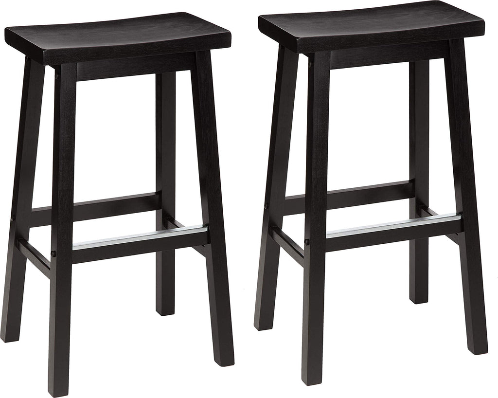 Amazon Basics Solid Wood Saddle-Seat Counter Height Bar Stools for Kitchen Island with Footrest, 24-Inch Height, Walnut, Set of 2