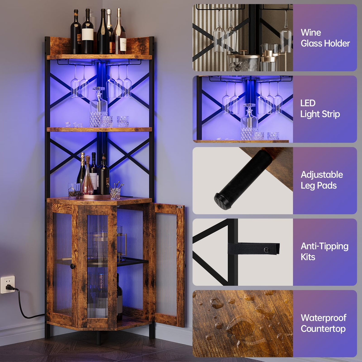 Airynee Corner Bar Cabinet with Power Outlet, 5-Tier Corner Wine Cabinet with Led Strip and Glass Holder, Industrial Tall Liquor Cabinet Bar Wine Rack for Home, Grey Oak