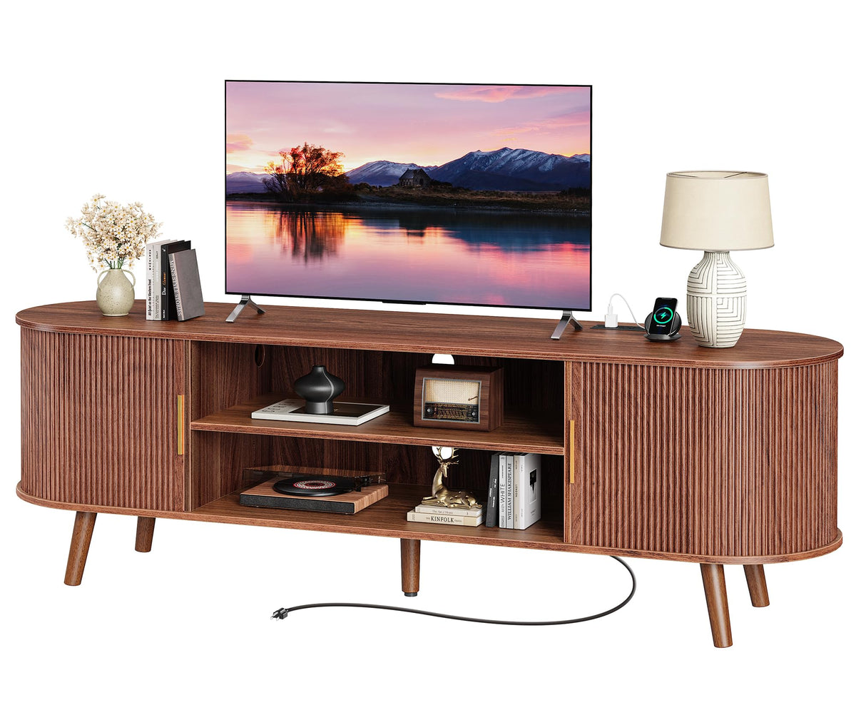 PRAISUN 54 Inch Fluted TV Stand for TVs up to 55 Inch, TV Media Console with Power Outlets and USB-C Port, Entertainment Center with Storage, Curved Sliding Doors, Adjustable Shelf, Brown