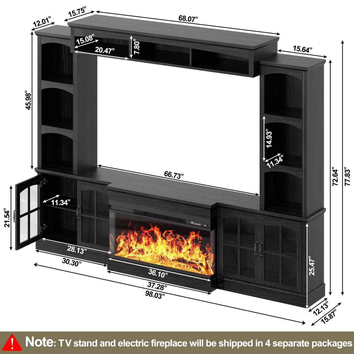 98" Farmhouse TV Stand with 36" Electric Fireplace, Bookshelves, Fits 75" TVs, Entertainment Center with Storage Cabinet, Large Wall Unit Media Console for Living Room, White