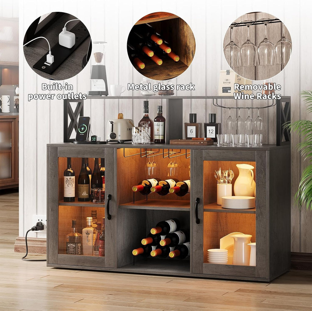 47" Wine Cabinet with LED Light, Home Coffee Cabinet with Wine Rack and Glass Holder, Coffee Bar Buffet Sideboard Storage with Power Outlets, for Living Room, Dining Room, Grey