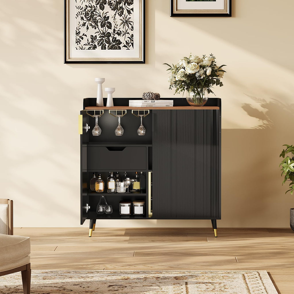 32" Fluted Bar Cabinet with Wine Rack, Green Liquor Wine Cabinet, Green