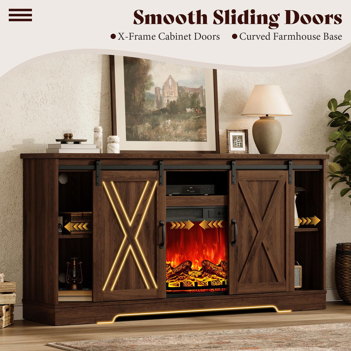 AMERLIFE Fireplace TV Stand with Sliding Barn Door for TVs up to 75"