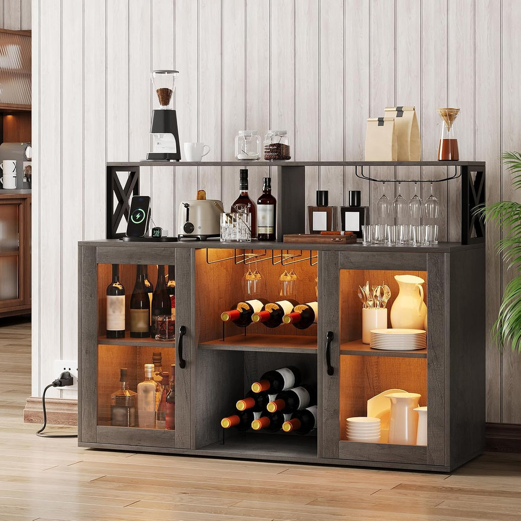 47" Wine Cabinet with LED Light, Home Coffee Cabinet with Wine Rack and Glass Holder, Coffee Bar Buffet Sideboard Storage with Power Outlets, for Living Room, Dining Room, Grey
