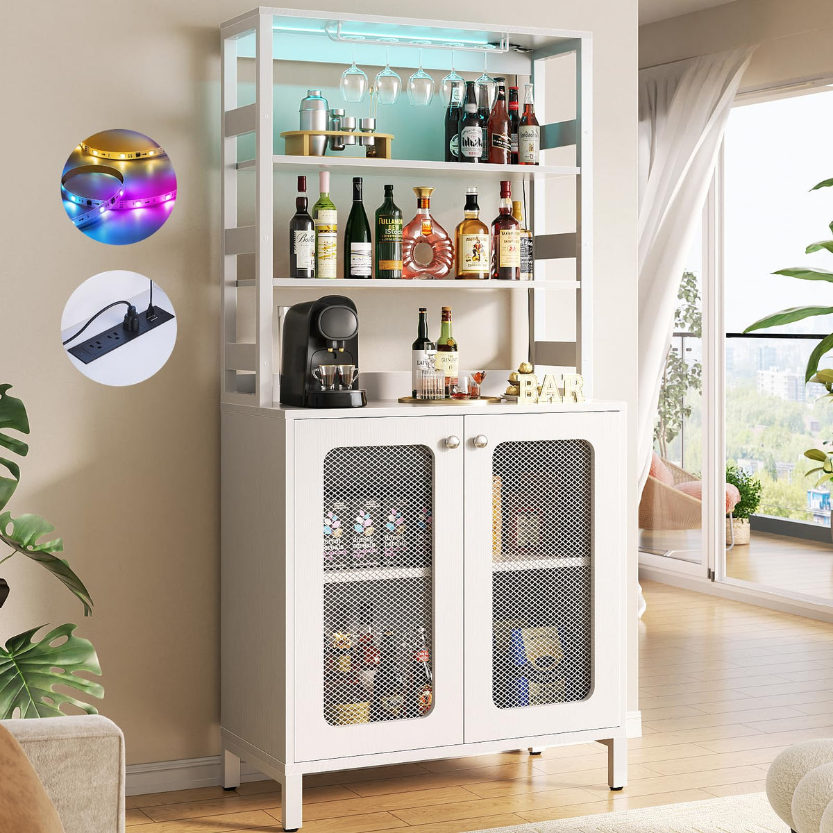 Aheaplus Bar Cabinet with Power Outlets,67" Tall Wine Bar Cabinet,Black Oak