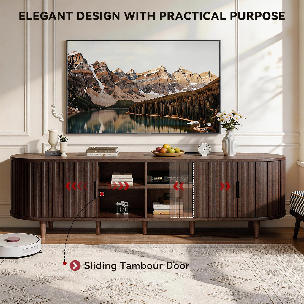 65" Mid Century Modern TV Stand with Power Outlet, Fluted Entertainment Center with Storage and Adjustable Shelves, Wood TV Console with Sliding Doors for Living Room, Walnut