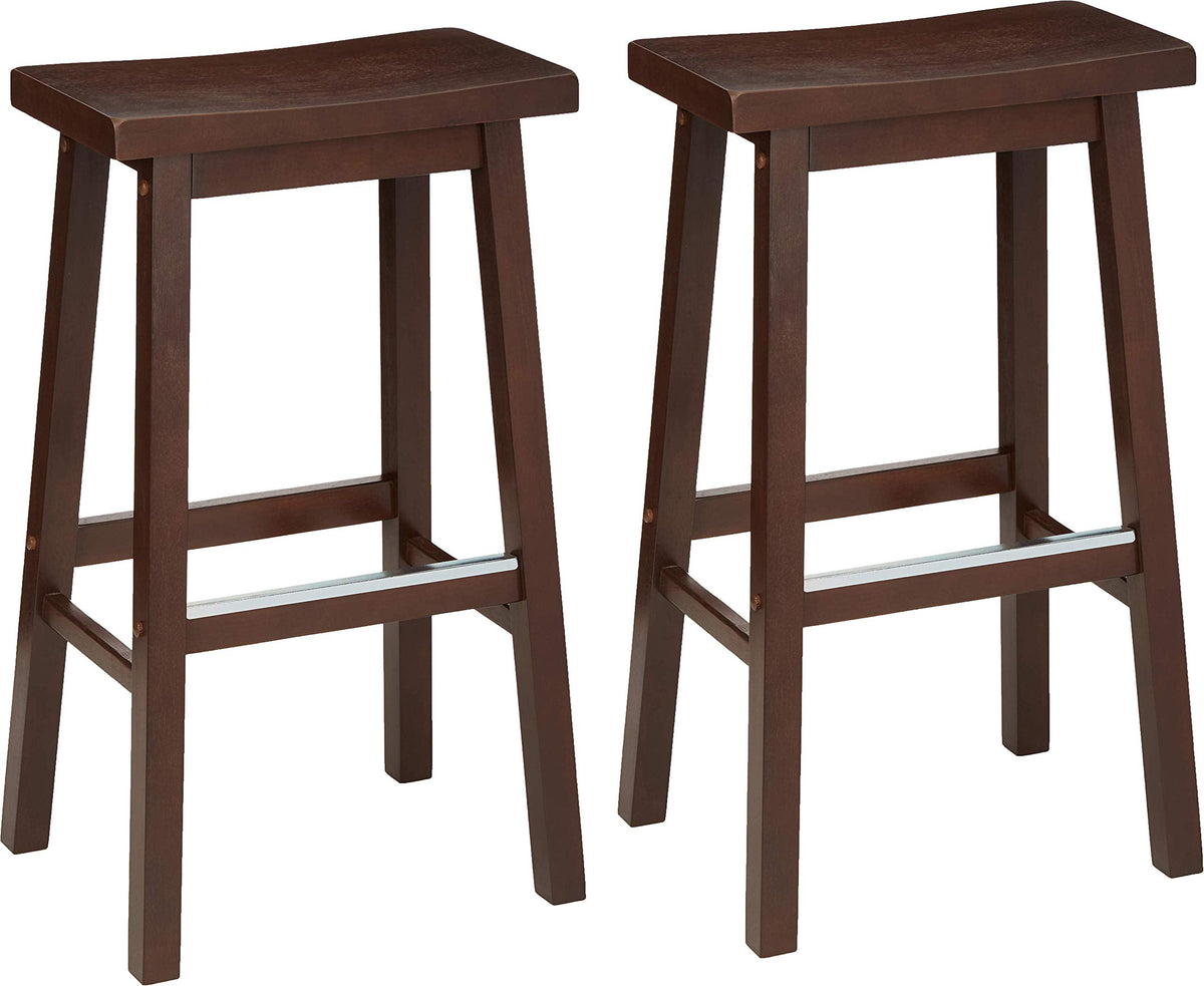 Amazon Basics Solid Wood Saddle-Seat Counter Height Bar Stools for Kitchen Island with Footrest, 24-Inch Height, Walnut, Set of 2