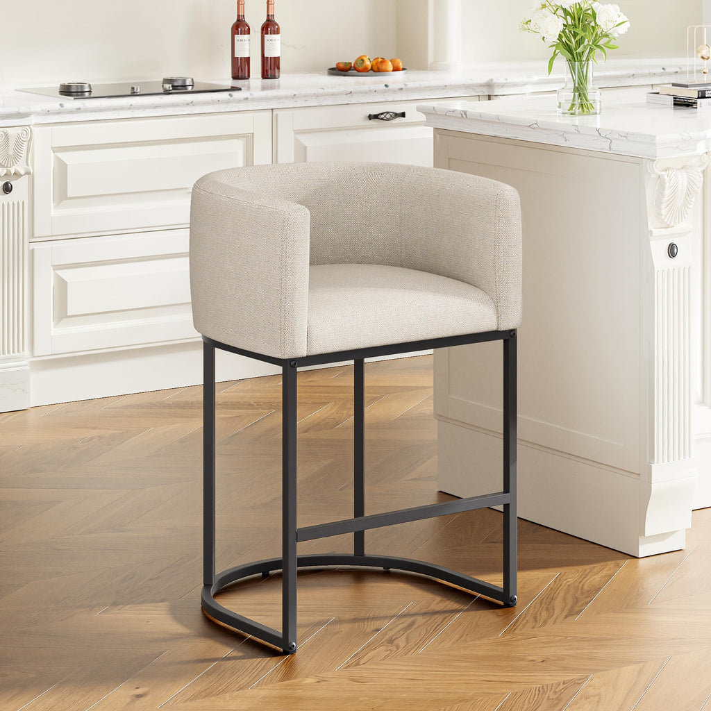 26" H Counter Height Bar Stools Set of 2, Modern Barrel Counter Stools with Backrest and Arms, Linen Fabric Upholstered Accent Barstools for Kitchen Island,Support 450 LBS (Beige)