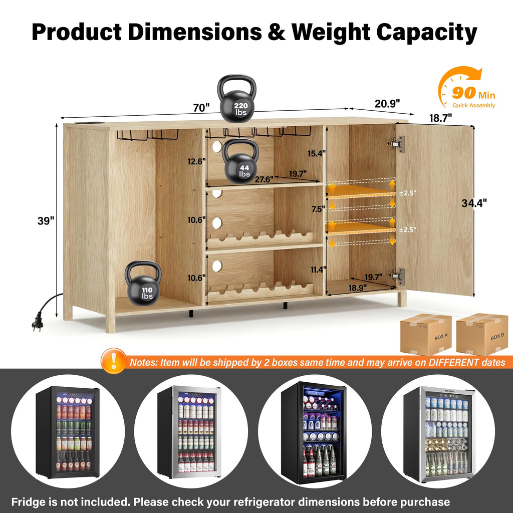 70" Large Coffee Bar Cabinet with Power Outlet, Mini Fridge Cabinet with Adjustable Shelf Wine Rack Glass Holder Liquor Wine Storage, Walnut Fluted Buffet Sideboard Table for Kitchen Dining Room