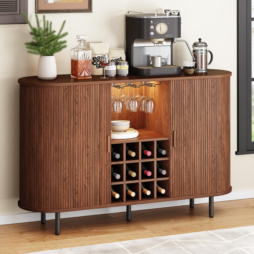 ONBRILL 55" Fluted Wine Bar Cabinet with LED Light Black