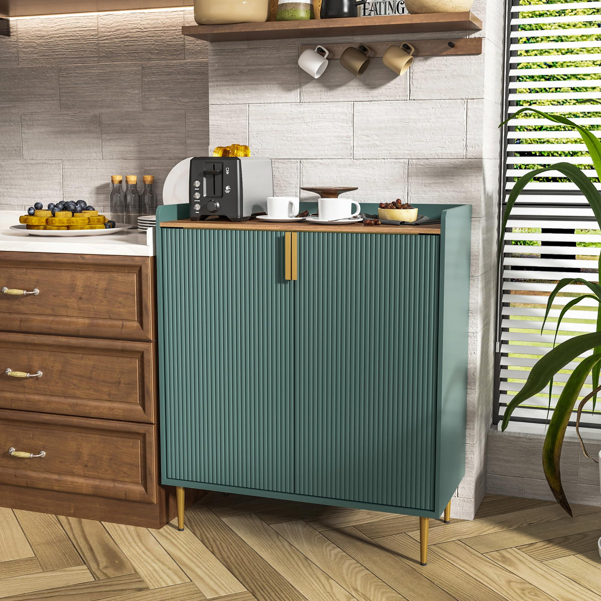ARTPOWER Coffee Bar Cabinet with Wine Rack&Glass Holder, Sage Green