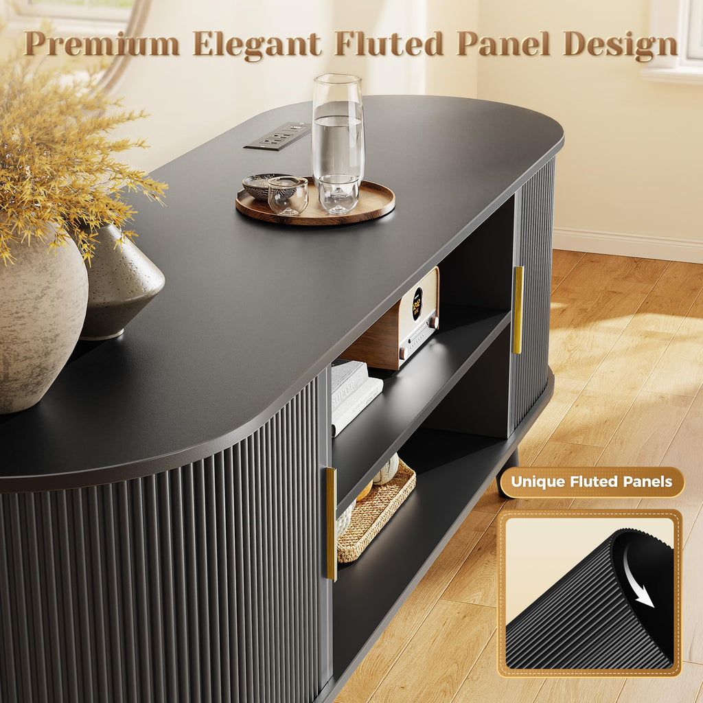 PRAISUN 54 Inch Fluted TV Stand for TVs up to 55 Inch, TV Media Console with Power Outlets and USB-C Port, Entertainment Center with Storage, Curved Sliding Doors, Adjustable Shelf, Brown