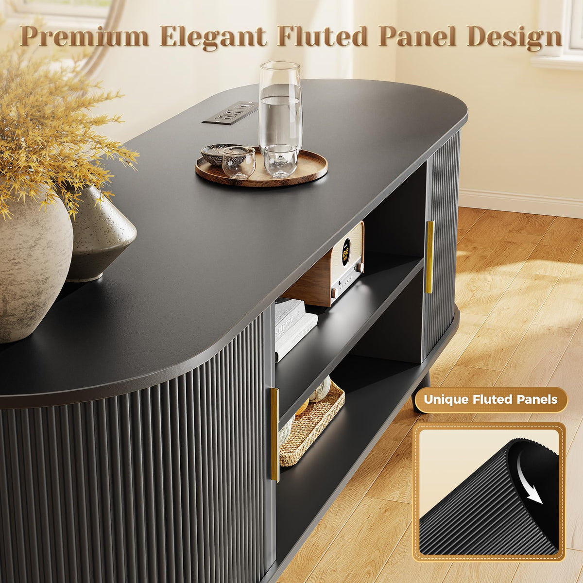 PRAISUN 54 Inch Fluted TV Stand for TVs up to 55 Inch, TV Media Console with Power Outlets and USB-C Port, Entertainment Center with Storage, Curved Sliding Doors, Adjustable Shelf, Brown
