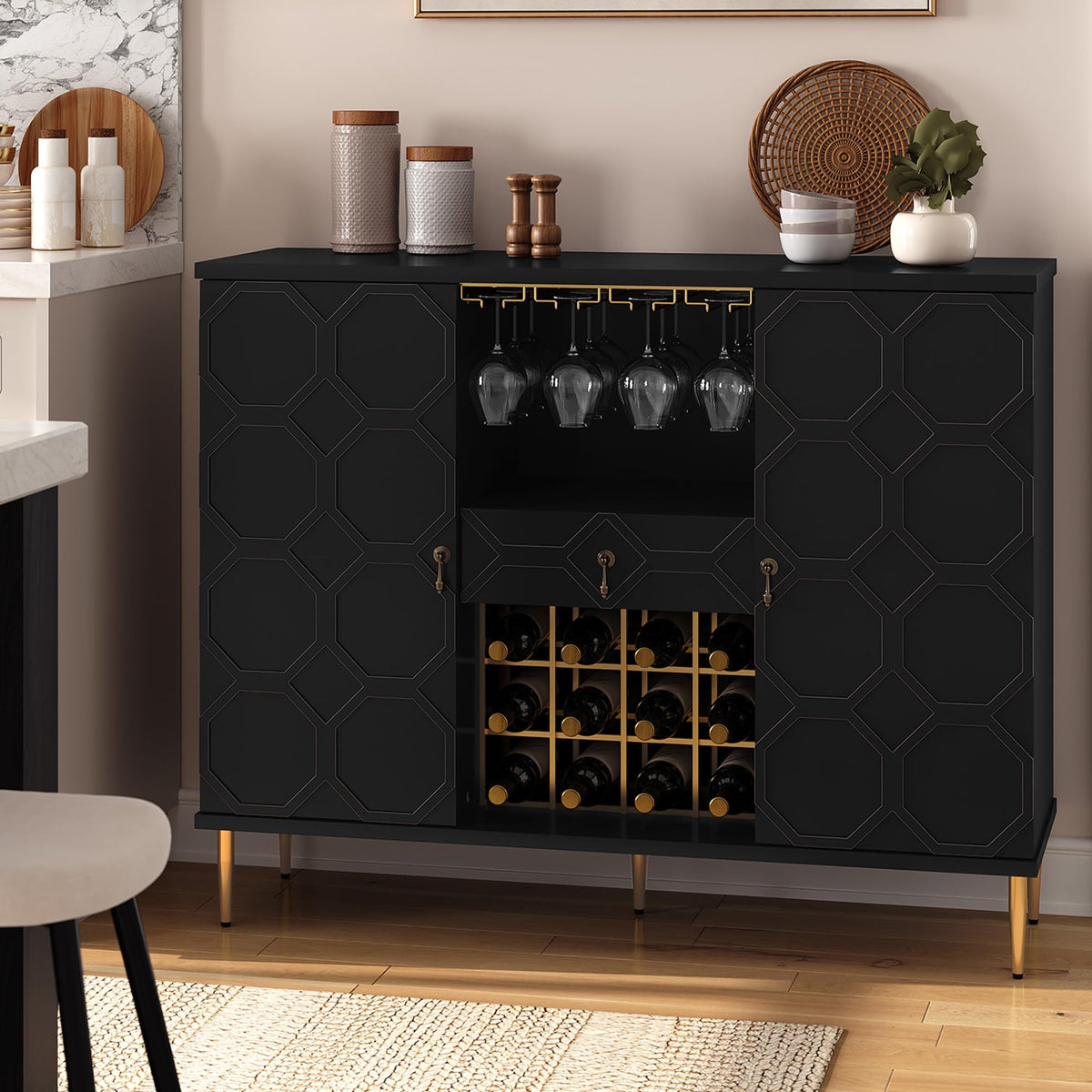 48" Modern Bar Cabinet, Wine Cabinet with Wine Glass Racks and Shelves & Drawer, Geometric Door Buffet Sideboard for Coffee Bar, Liquor, Dining Room, Living Room, Kitchen, Green