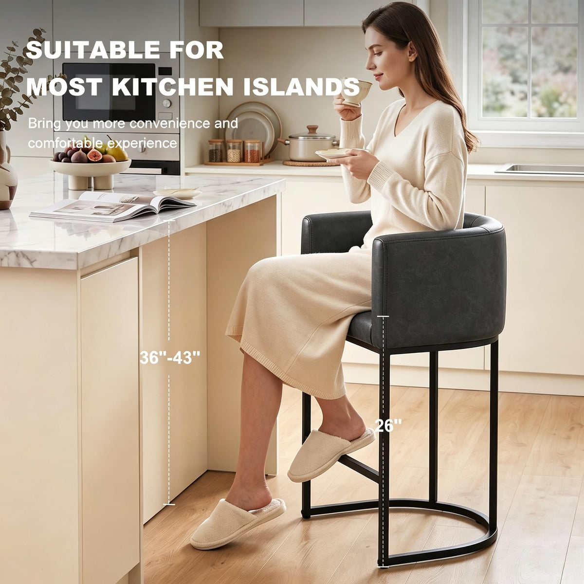26" H Counter Height Bar Stools Set of 2, Modern Barrel Counter Stools with Backrest and Arms, Linen Fabric Upholstered Accent Barstools for Kitchen Island,Support 450 LBS (Beige)