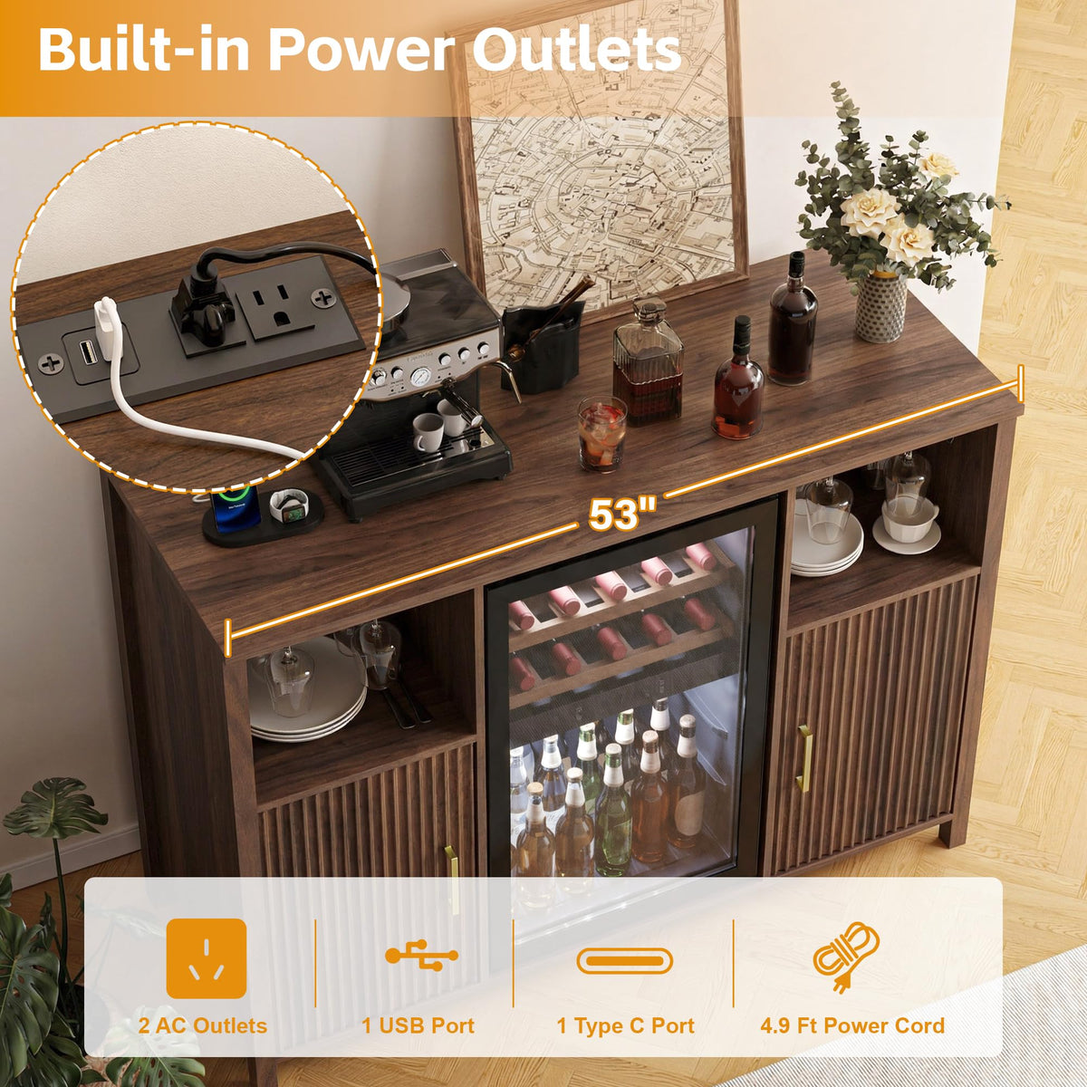 70" Large Coffee Bar Cabinet with Power Outlet, Mini Fridge Cabinet with Adjustable Shelf Wine Rack Glass Holder Liquor Wine Storage, Walnut Fluted Buffet Sideboard Table for Kitchen Dining Room