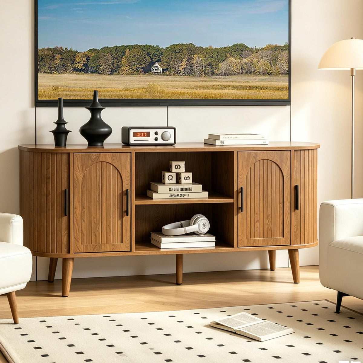 63" Fluted TV Stand for Tvs up to 70" Entertainment Center with Drawers