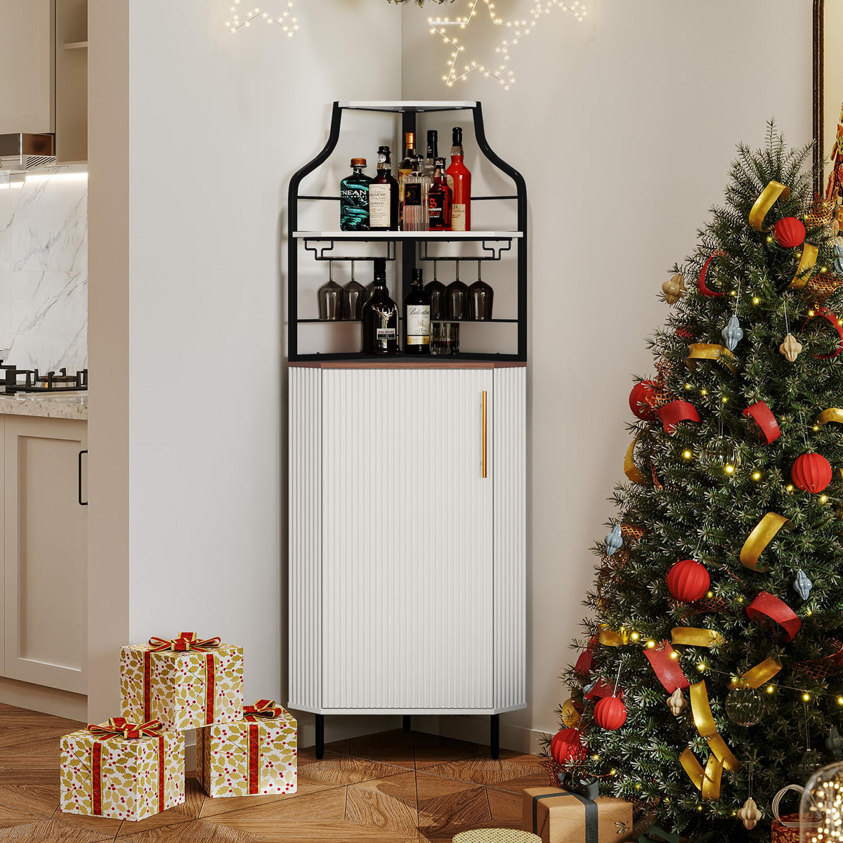 ARTPOWER Corner Bar Cabinet with LED Strip, 4-Tiers Liquor Cabinet, Green
