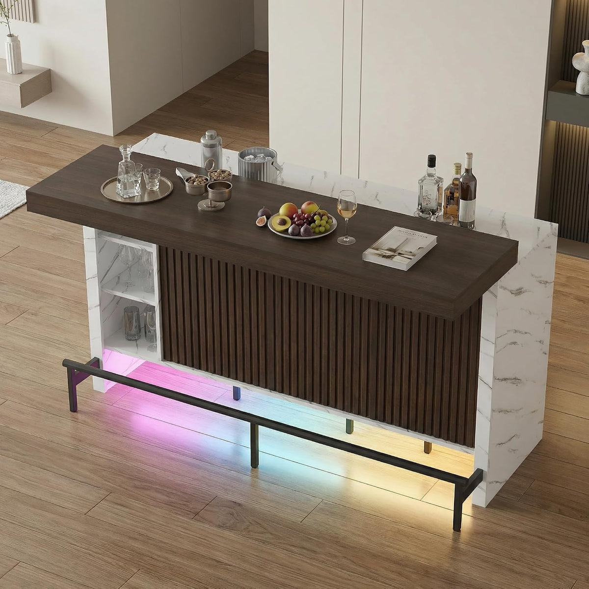 62" Sliding Top Expandable Bar Table, Counter Height Home Bar Cabinet
