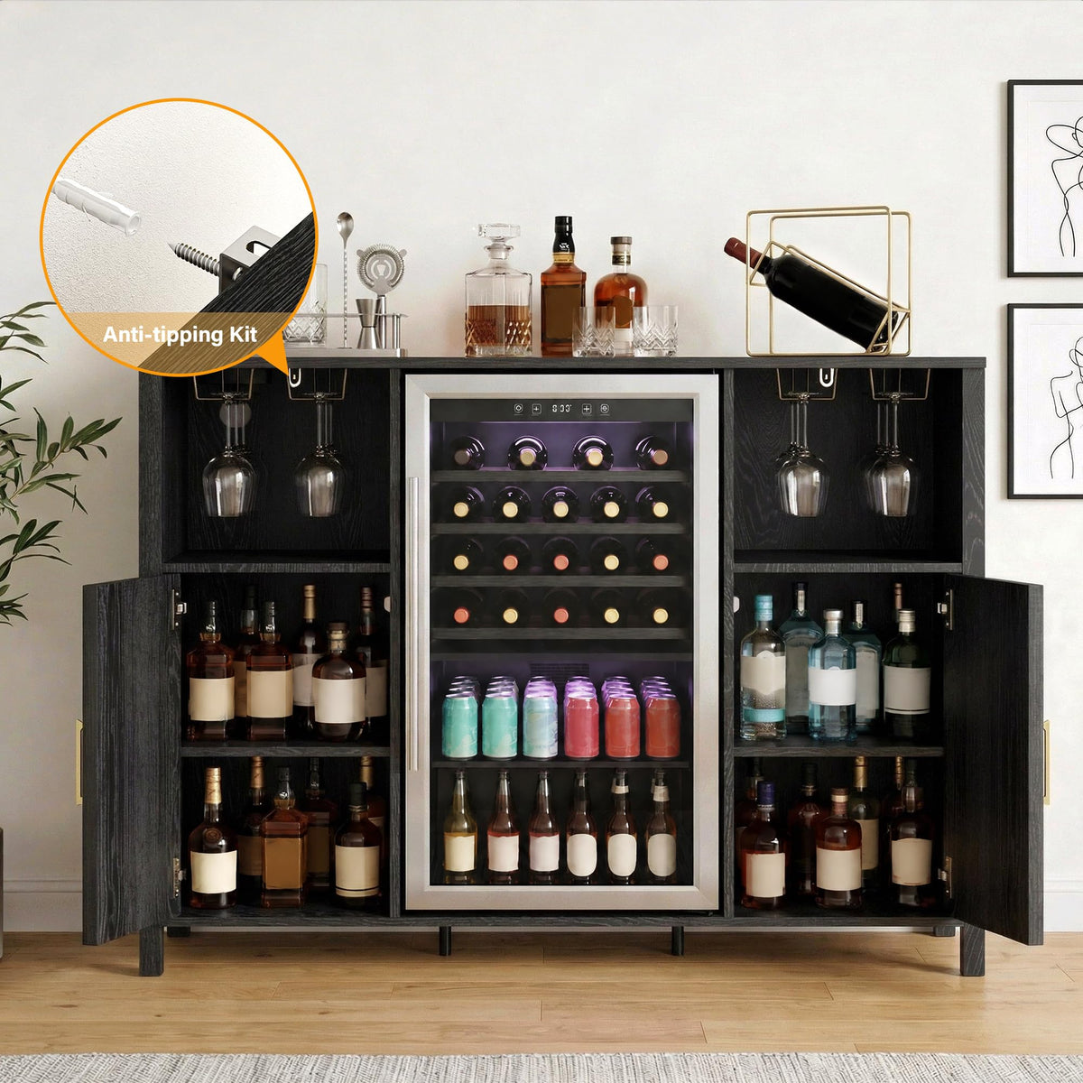 70" Large Coffee Bar Cabinet with Power Outlet, Mini Fridge Cabinet with Adjustable Shelf Wine Rack Glass Holder Liquor Wine Storage, Walnut Fluted Buffet Sideboard Table for Kitchen Dining Room