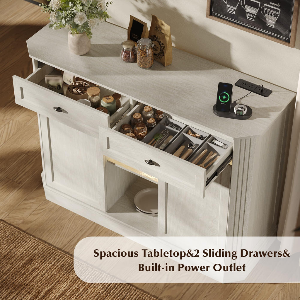 47" Wine Bar Cabinet with LED Light & Power Outlets, 2 Door Coffee Bar Cabinet with 2 Drawers, Sideboard Buffet Cabinet with Storage, Liquor Cabinet for Home Bar, Kitchen Living Room, Walnut Brown
