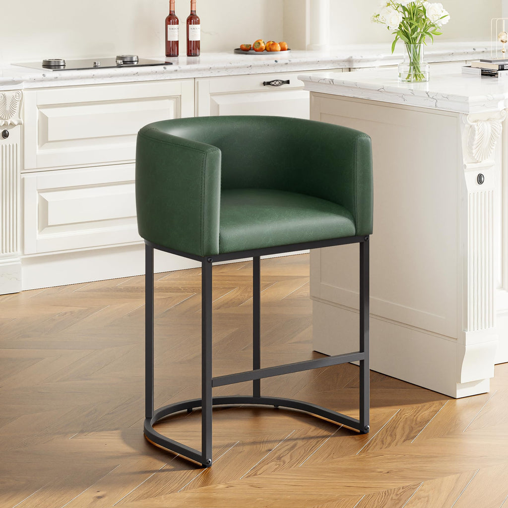 26" H Counter Height Bar Stools Set of 2, Modern Barrel Counter Stools with Backrest and Arms, Linen Fabric Upholstered Accent Barstools for Kitchen Island,Support 450 LBS (Beige)