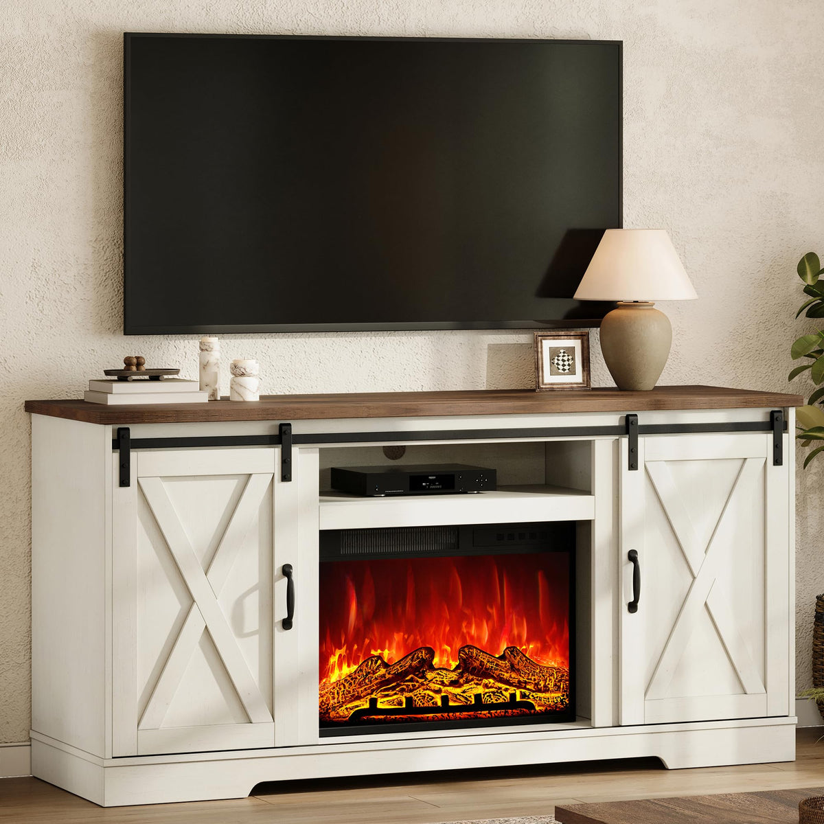 AMERLIFE Fireplace TV Stand with Sliding Barn Door for TVs up to 75"