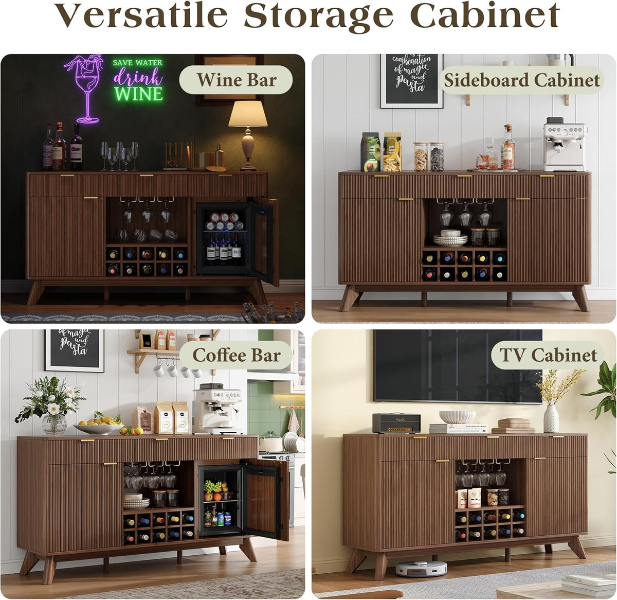 60" Wine Bar Cabinet, Coffee Bar Cabinet with Fridge, Sideboard Cabinet