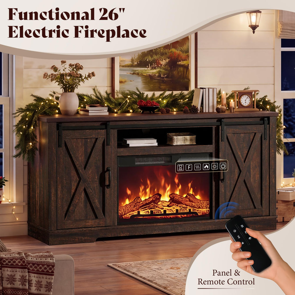 AMERLIFE Fireplace TV Stand with Sliding Barn Door for TVs up to 75"