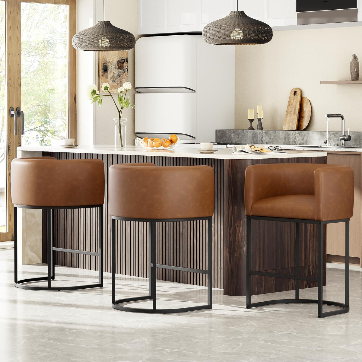26" H Counter Height Bar Stools Set of 2, Modern Barrel Counter Stools with Backrest and Arms, Linen Fabric Upholstered Accent Barstools for Kitchen Island,Support 450 LBS (Beige)