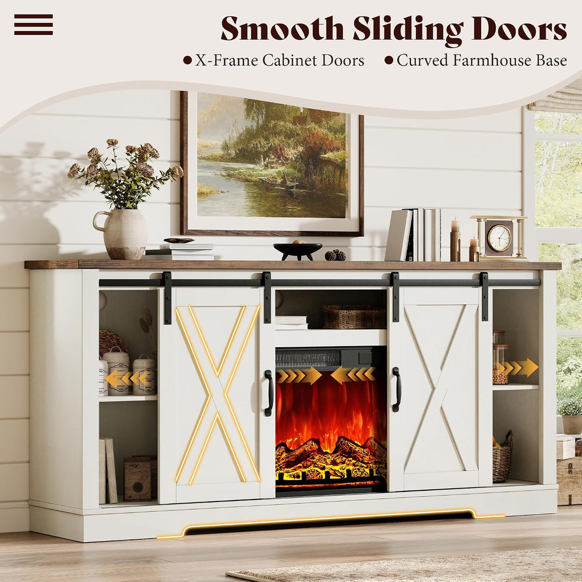 AMERLIFE Fireplace TV Stand with Sliding Barn Door for TVs up to 75"