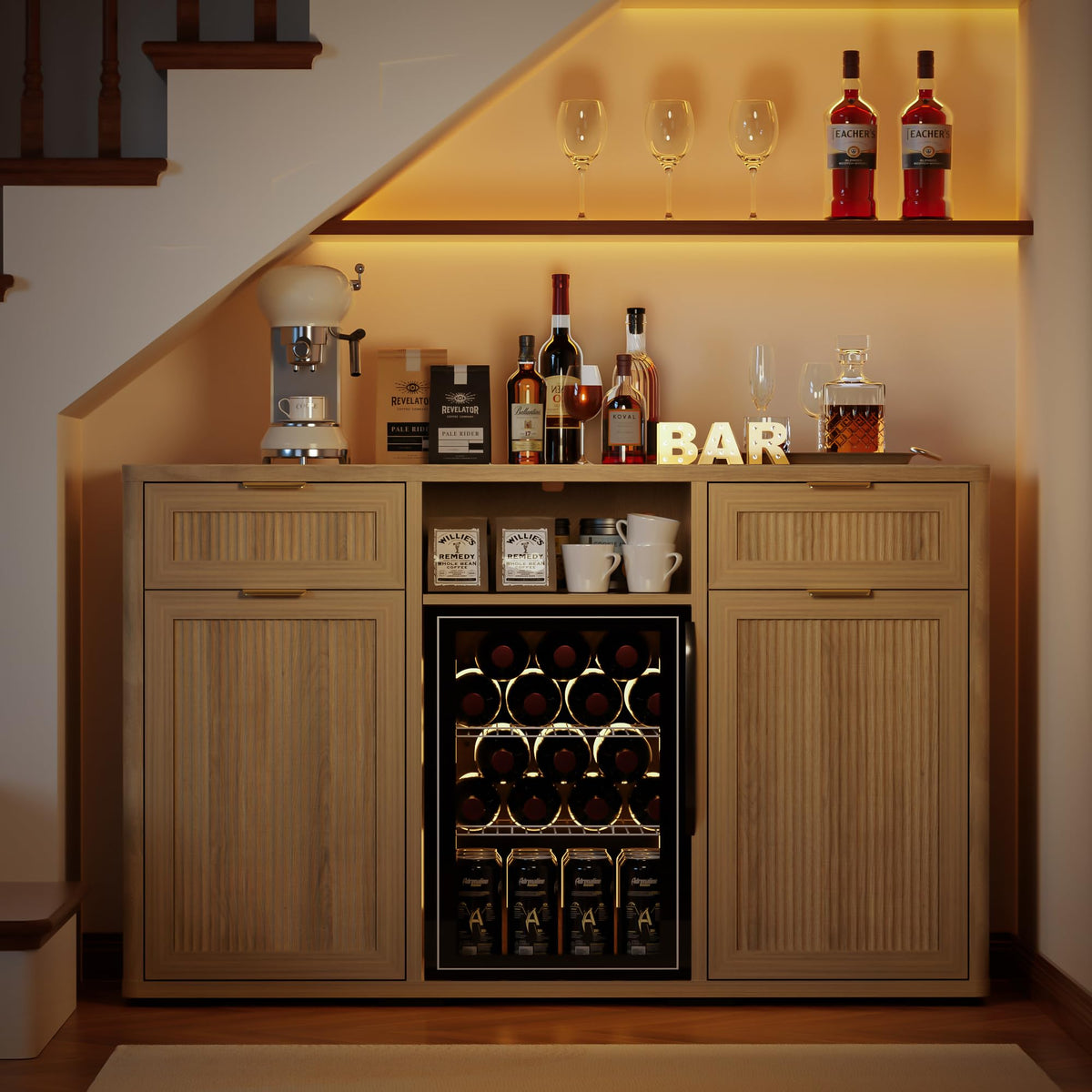 AHB Wine Bar Cabinet with Mini Fridge Space, Liquor Coffee Cabinet with Hidden Drawer, Buffet Sideboard for Living Room, Kitchen, Dining Room