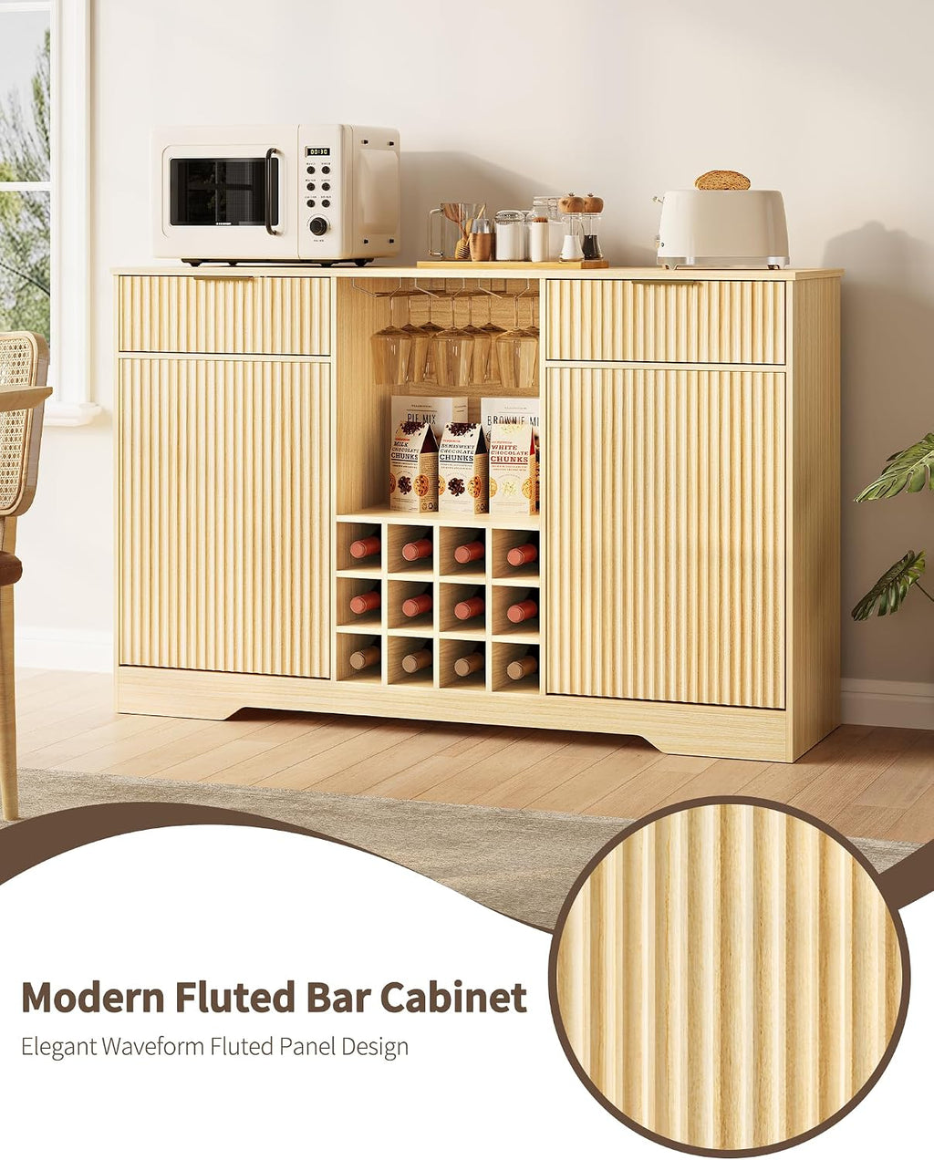 55" Fluted Wine Bar Cabinet - Coffee Bar Cabinets for Home with Storage, 2 Door & 2 Drawer Buffet Sideboard with Liquor Rack and Glass Holder, Alcohol Indoor Bars for Living Room, Kitchen
