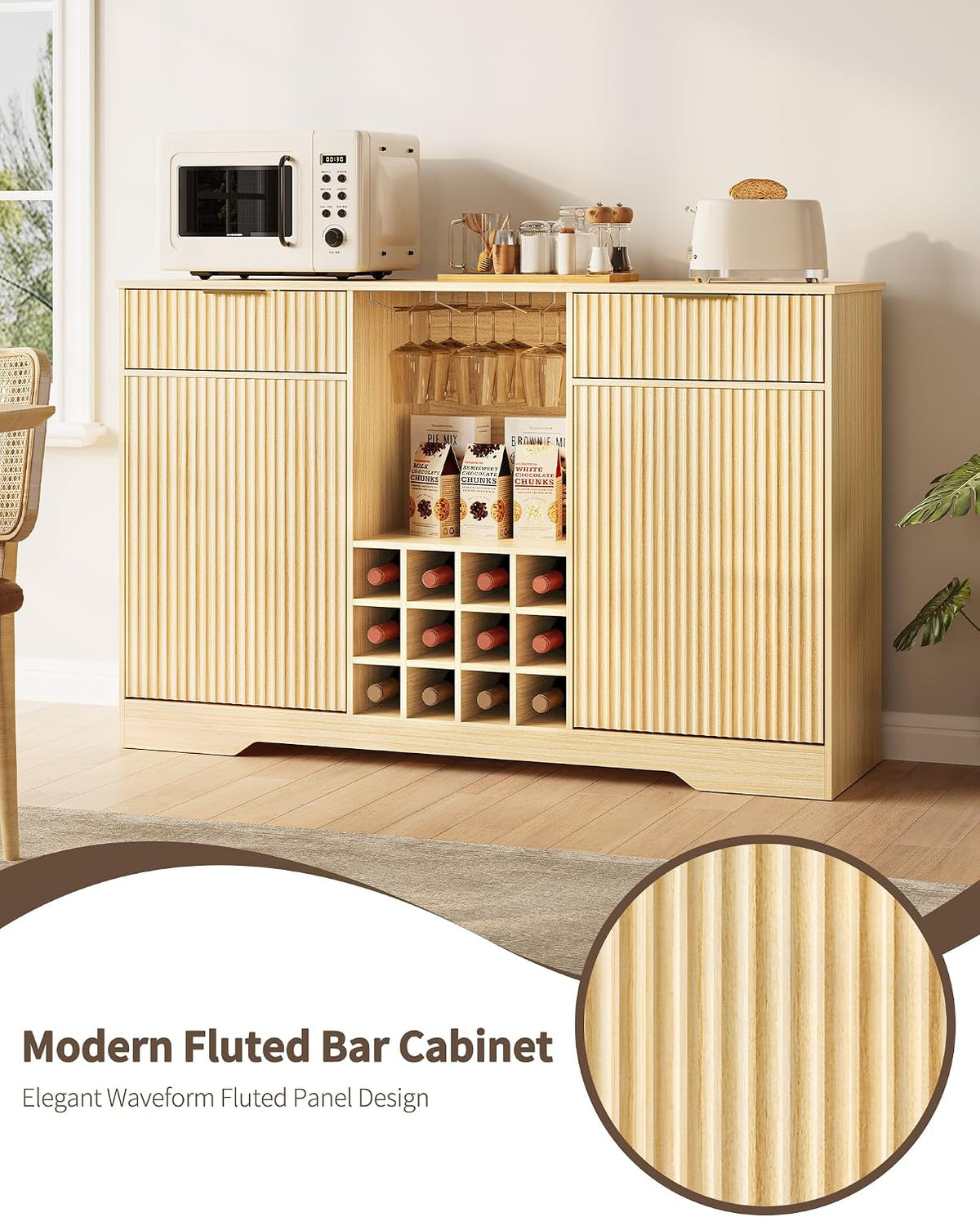 55" Fluted Wine Bar Cabinet - Coffee Bar Cabinets for Home with Storage, 2 Door & 2 Drawer Buffet Sideboard with Liquor Rack and Glass Holder, Alcohol Indoor Bars for Living Room, Kitchen