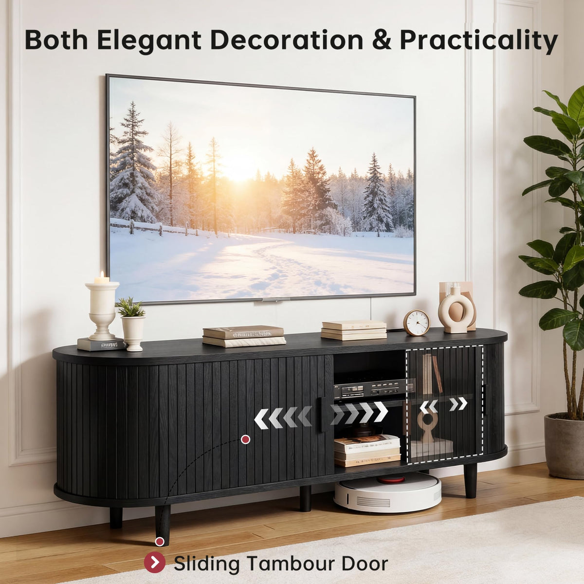 70" Mid Century Modern TV Stand, Wood TV Consoles with Sliding Doors and Power Outlet, Entertainment Center with Adjustable Shelves, Fluted TV Stands for Living Room, Walnut