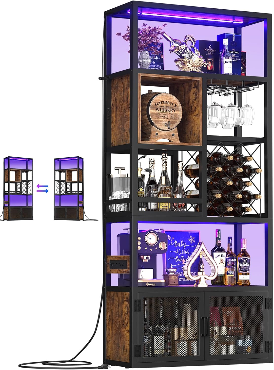 Armocity 82.6" Tall Bar Cabinet with Power Outlets & LED Lights, Liquor Cabinet Bar for Home, Reversible Coffee Station Wine Cabinet with Glass Holder & Wine Rack for Small Space, Rustic Brown