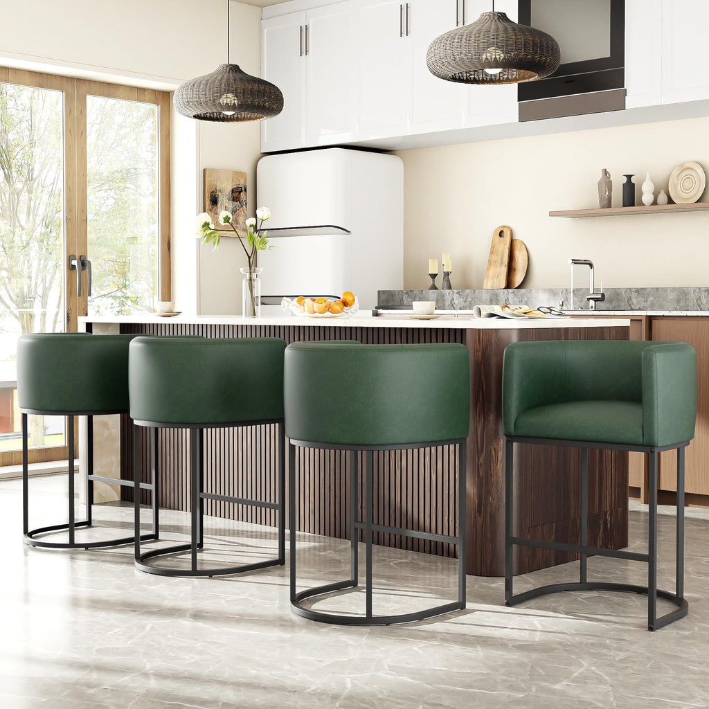 26" H Counter Height Bar Stools Set of 2, Modern Barrel Counter Stools with Backrest and Arms, Linen Fabric Upholstered Accent Barstools for Kitchen Island,Support 450 LBS (Beige)